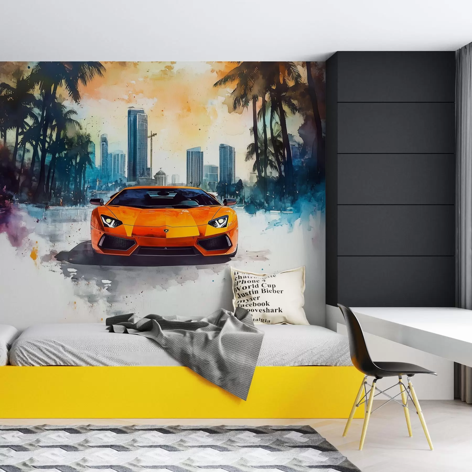 wall murals Bright modern sports car on the background of palm trees and skyscrapers in watercolor technique a la prima w01964