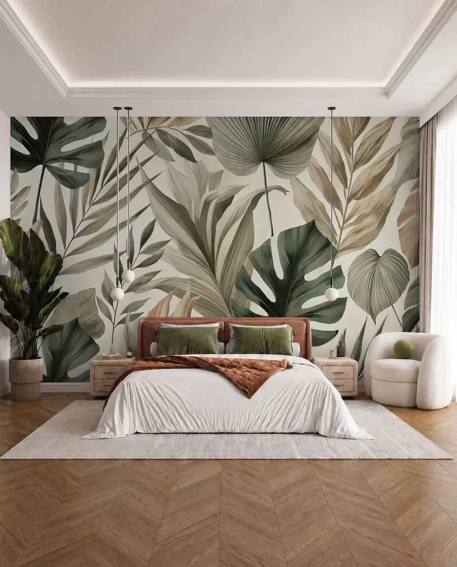 wall murals Large tropical leaves in restrained delicate pastel shades w02082