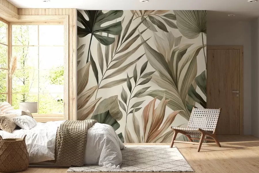 wall murals Large tropical leaves in restrained delicate pastel shades w02082