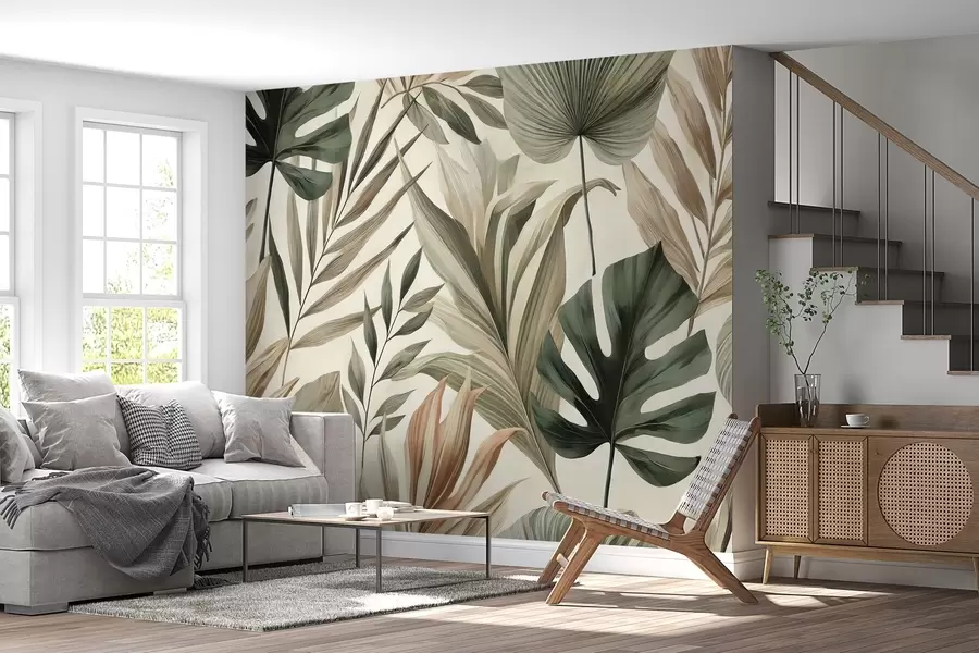 wall murals Large tropical leaves in restrained delicate pastel shades w02082