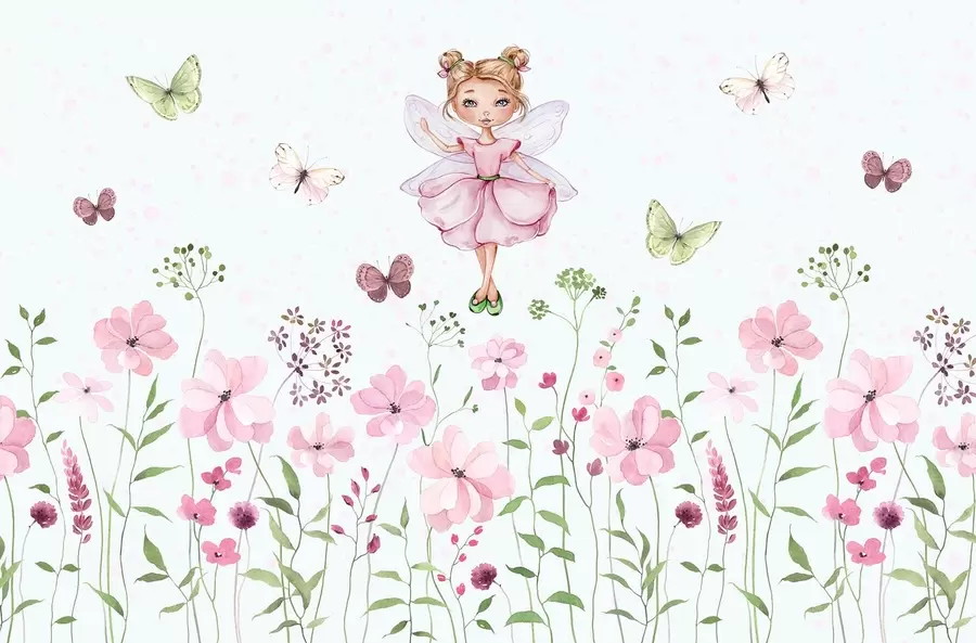 wall murals A fairy among flowers and butterflies w01460