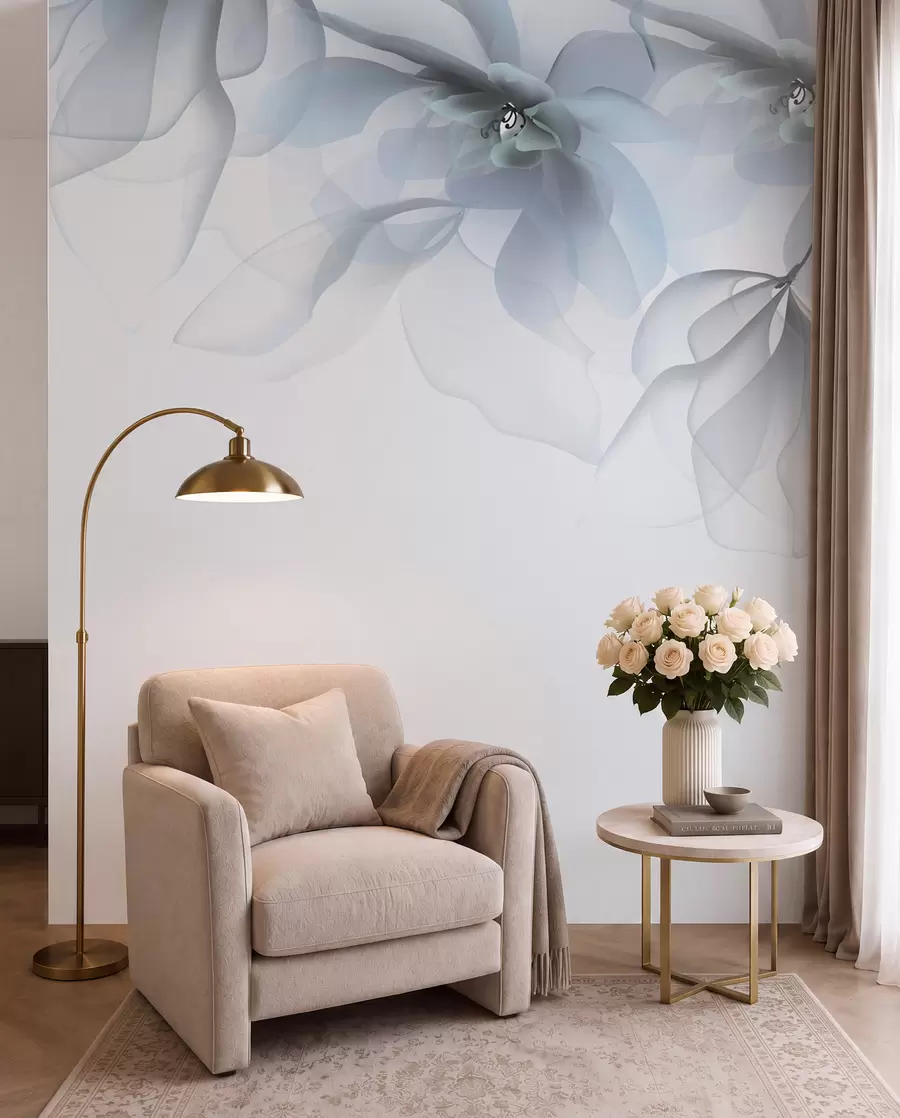 wall murals blue translucent large flowers on top w02093v2