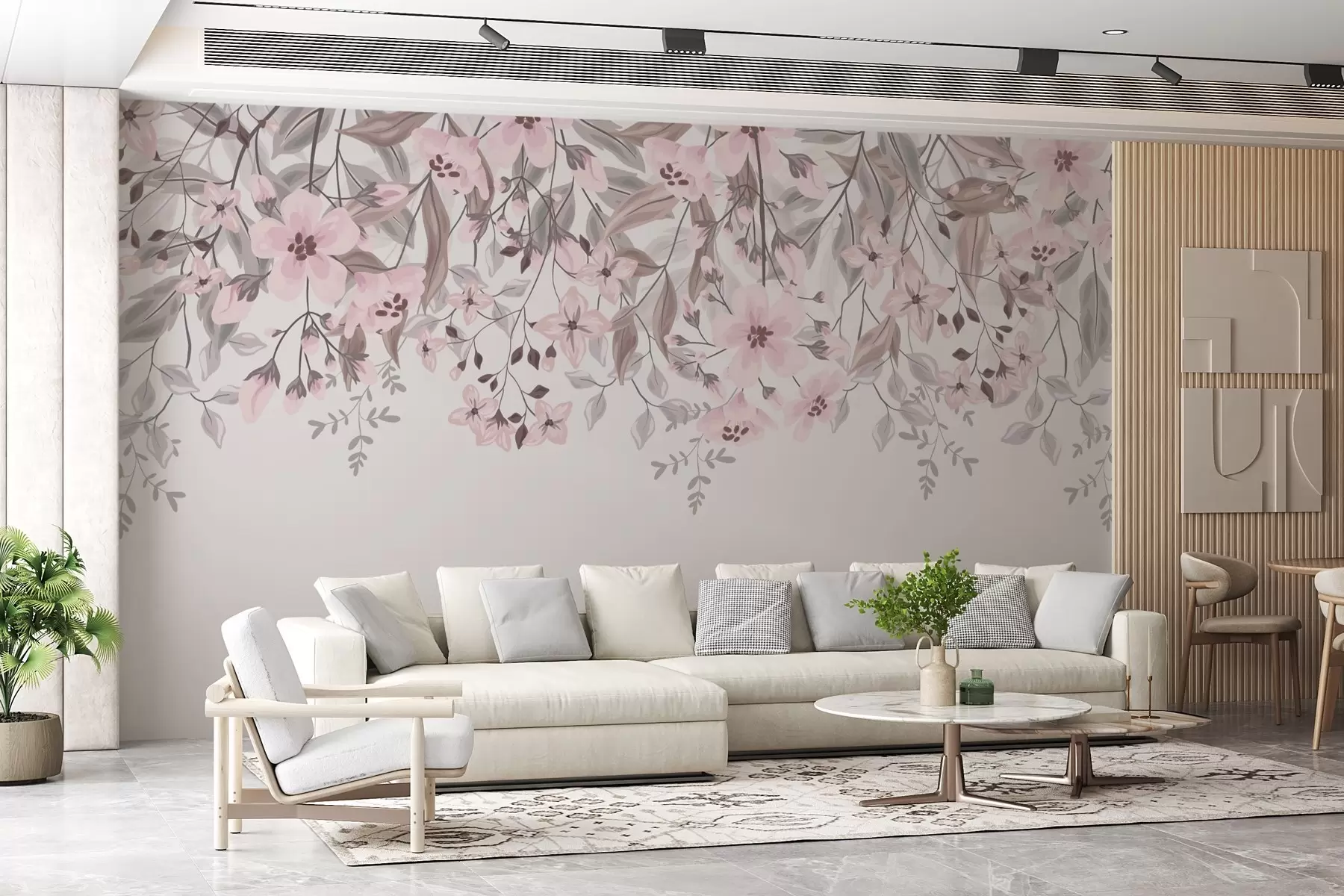 wall murals flowers and leaves from above on a gray background w02096v1