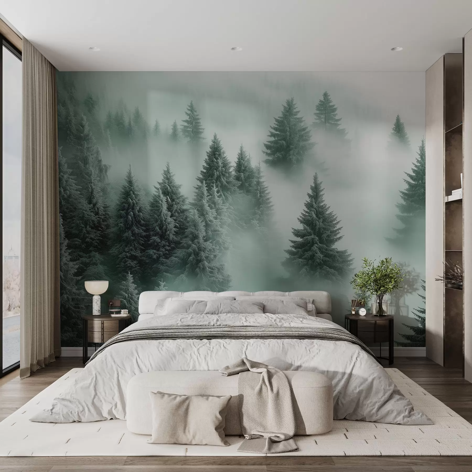 wall murals Thick fog enveloping a snowy morning forest in shades of green w02064v1