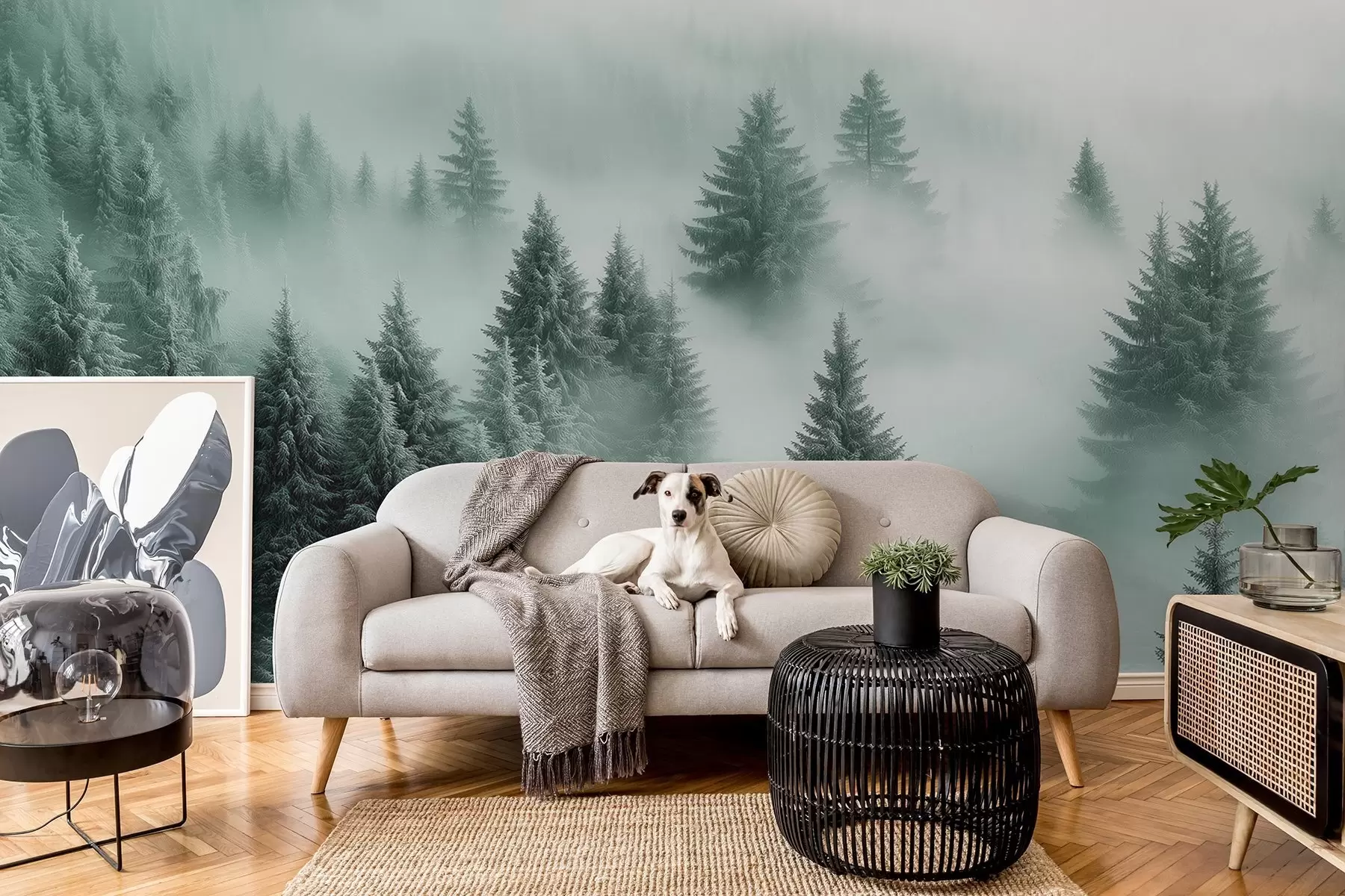 wall murals Thick fog enveloping a snowy morning forest in shades of green w02064v1