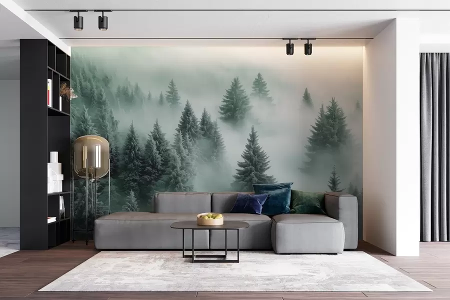 wall murals Thick fog enveloping a snowy morning forest in shades of green w02064v1