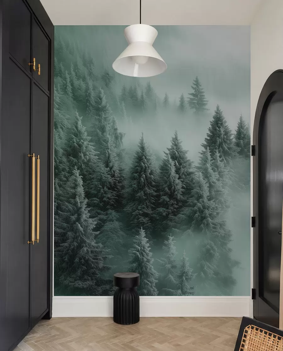 wall murals Thick fog enveloping a snowy morning forest in shades of green w02064v1