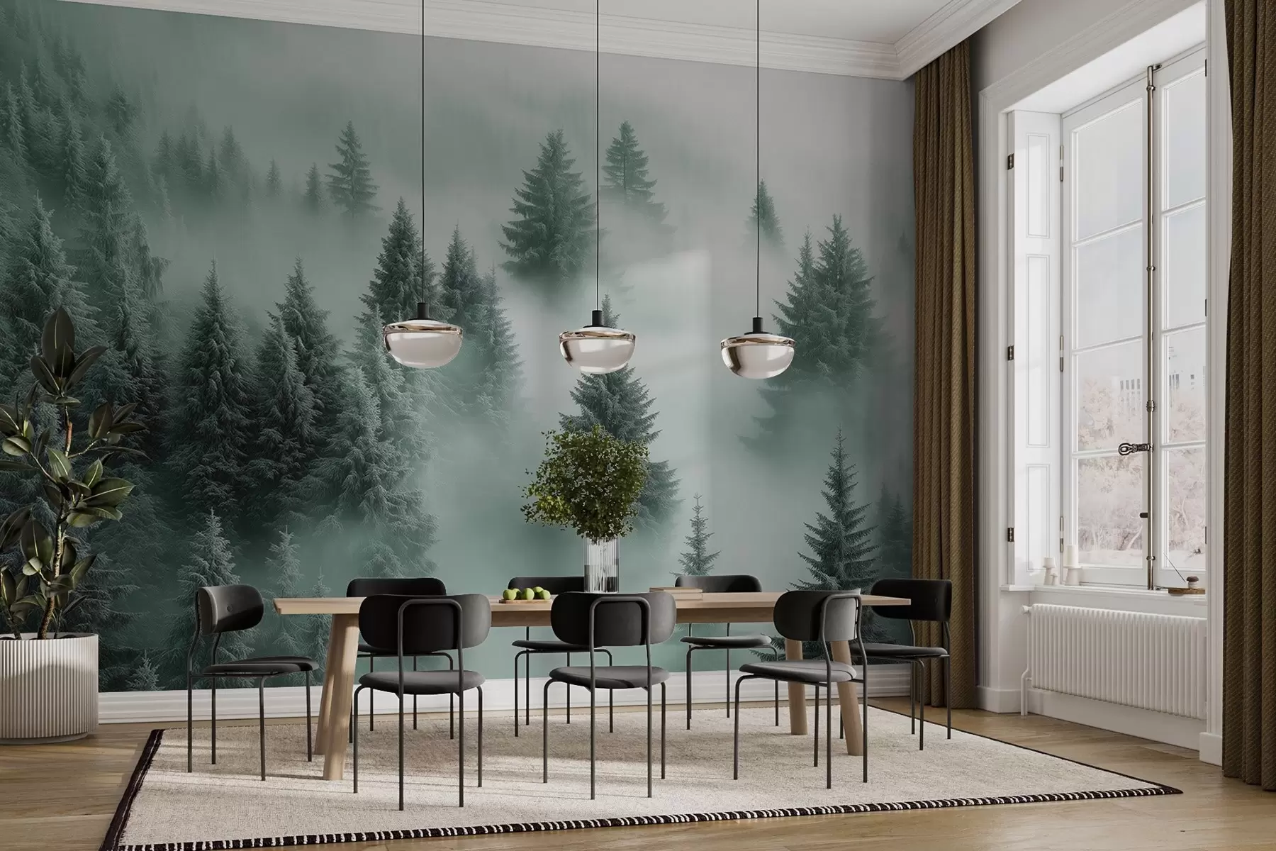 wall murals Thick fog enveloping a snowy morning forest in shades of green w02064v1
