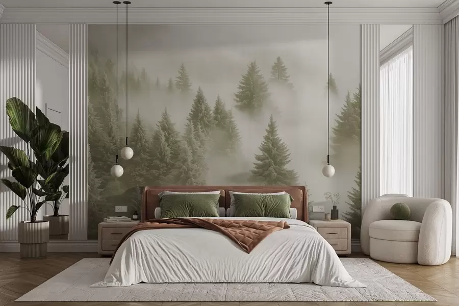 wall murals Thick fog enveloping a snowy morning forest in soft green shades w02064v2