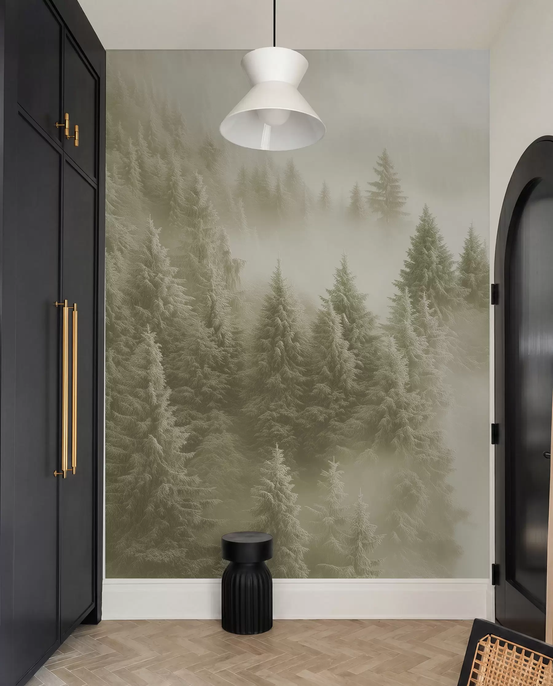 wall murals Thick fog enveloping a snowy morning forest in soft green shades w02064v2