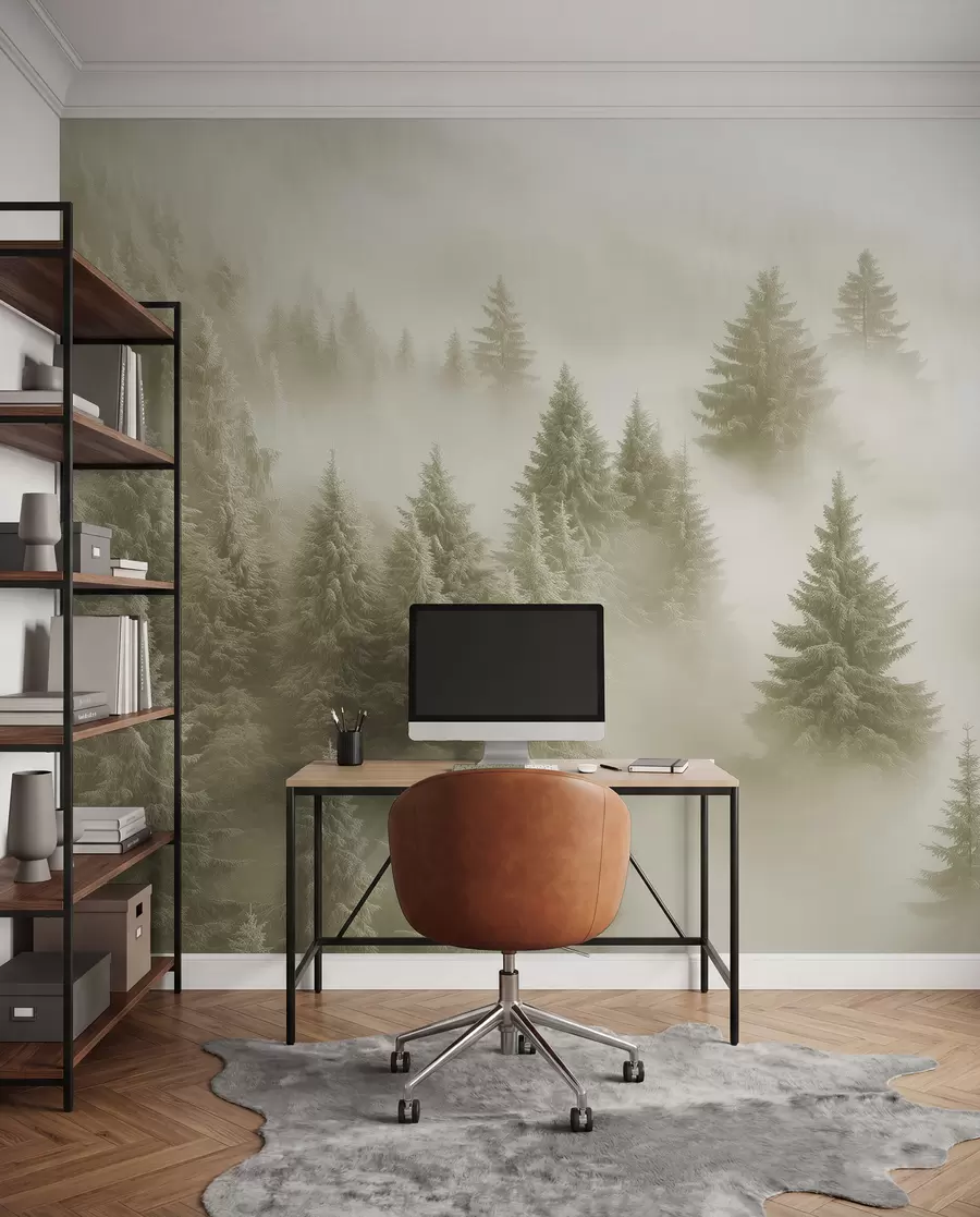 wall murals Thick fog enveloping a snowy morning forest in soft green shades w02064v2