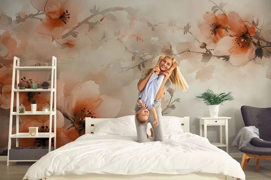 wall murals Watercolor composition of flowers in warm peach and orange shades w02068