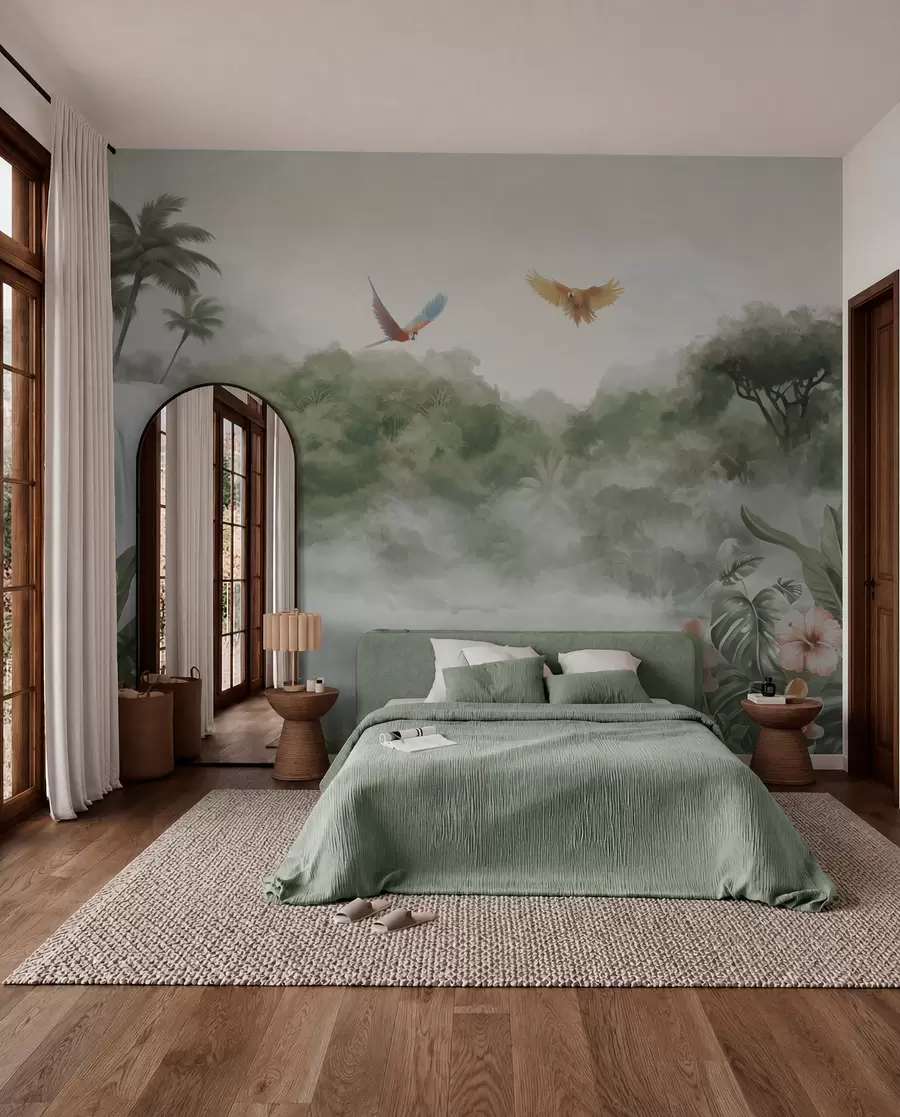 wall murals Tropical landscape with waterfall, pond, flowers and birds w02127