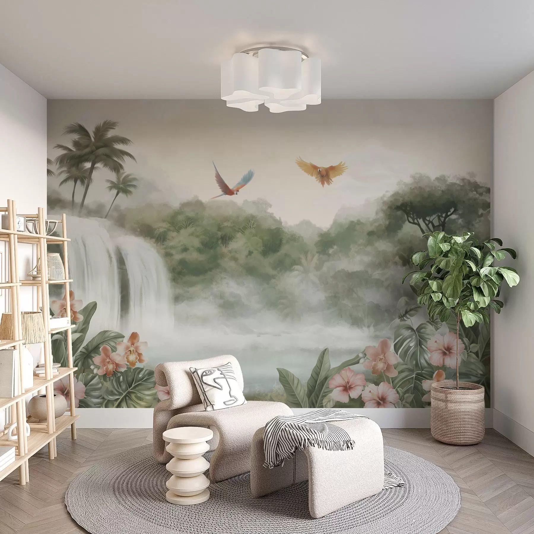 wall murals Tropical landscape with waterfall, pond, flowers and birds w02127