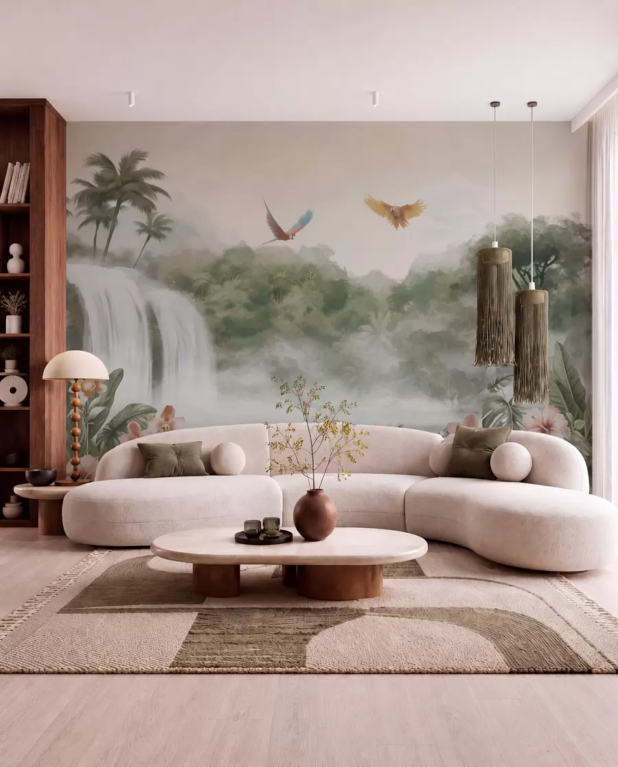 wall murals Tropical landscape with waterfall, pond, flowers and birds w02127