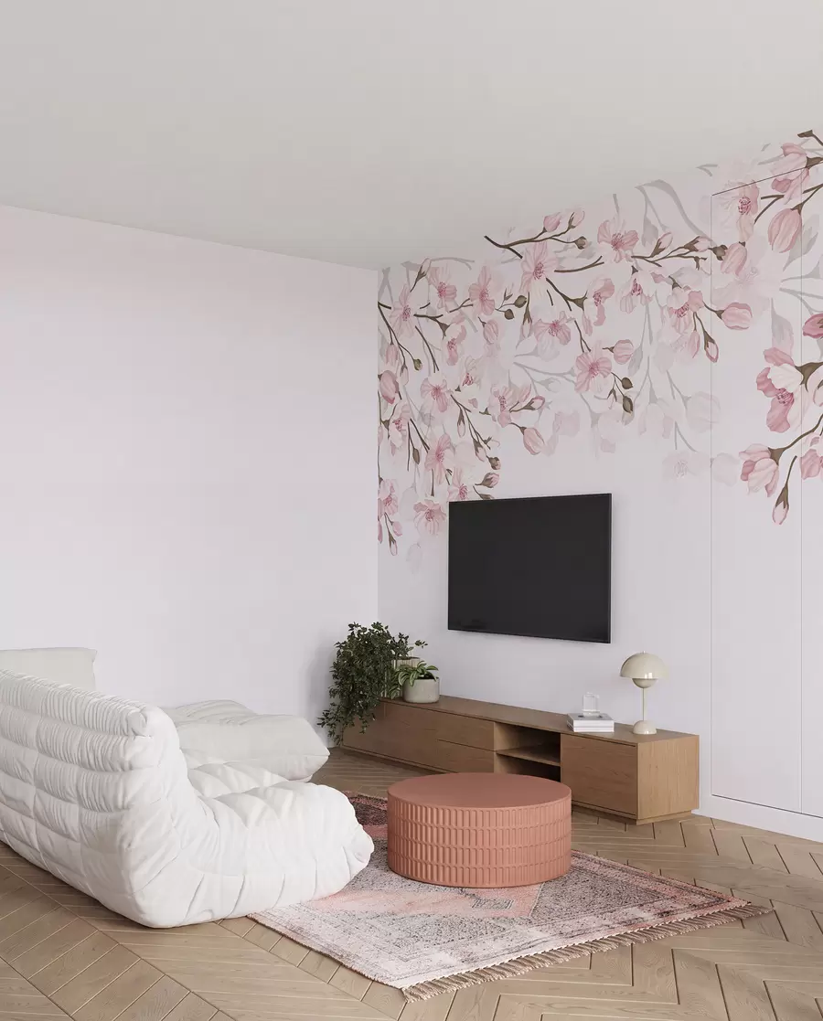 wall murals pink flowering branches on a pink background w02200
