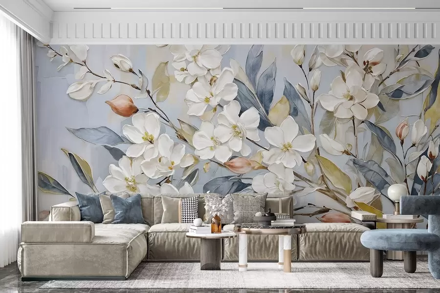 wall murals Floral pastel delicate white flowers with yellow centers, surrounded by lush green leaves and branches w08399v1