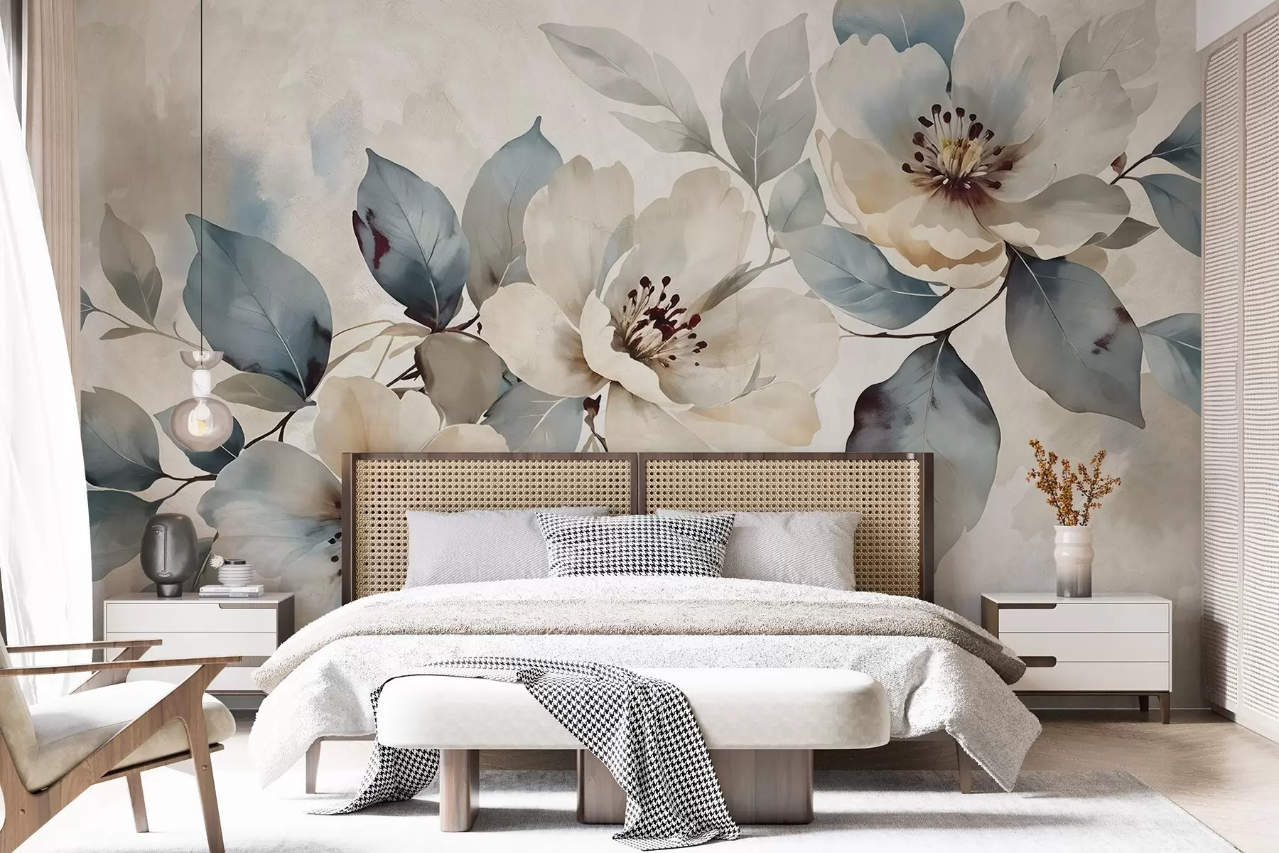 wall murals Delicate watercolor textured white and blue floral arrangement, with soft petals and centers w08401