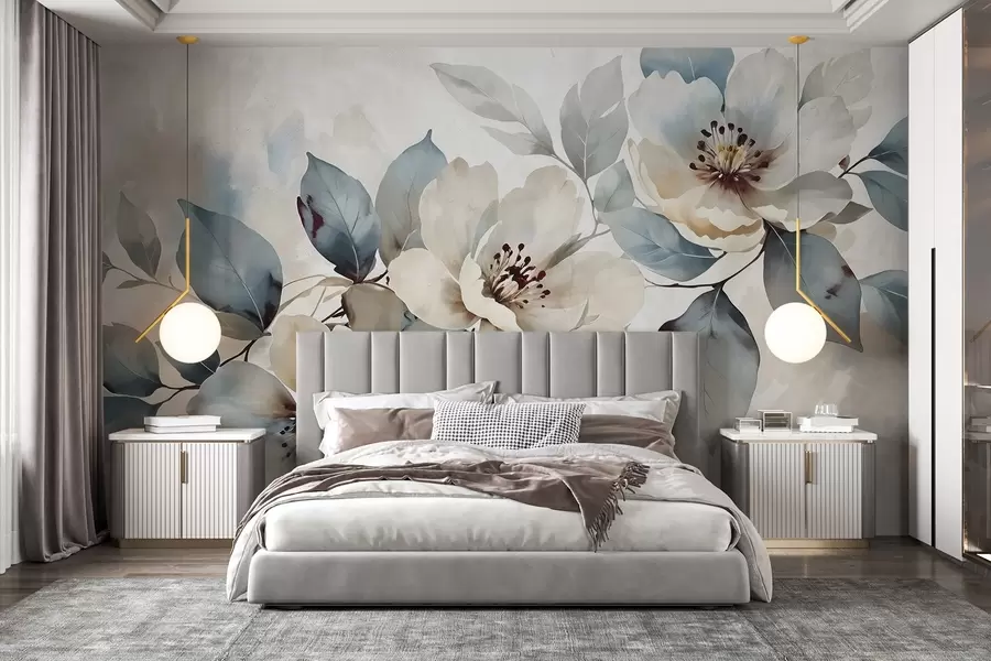 wall murals Delicate watercolor textured white and blue floral arrangement, with soft petals and centers w08401