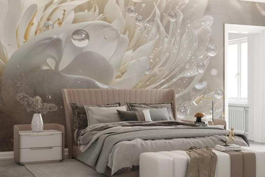 wall murals A close-up of a beige peony flower with water droplets on its delicate petals, creating a soft atmosphere w08402