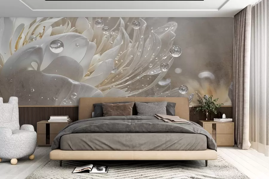 wall murals A close-up of a beige peony flower with water droplets on its delicate petals, creating a soft atmosphere w08402