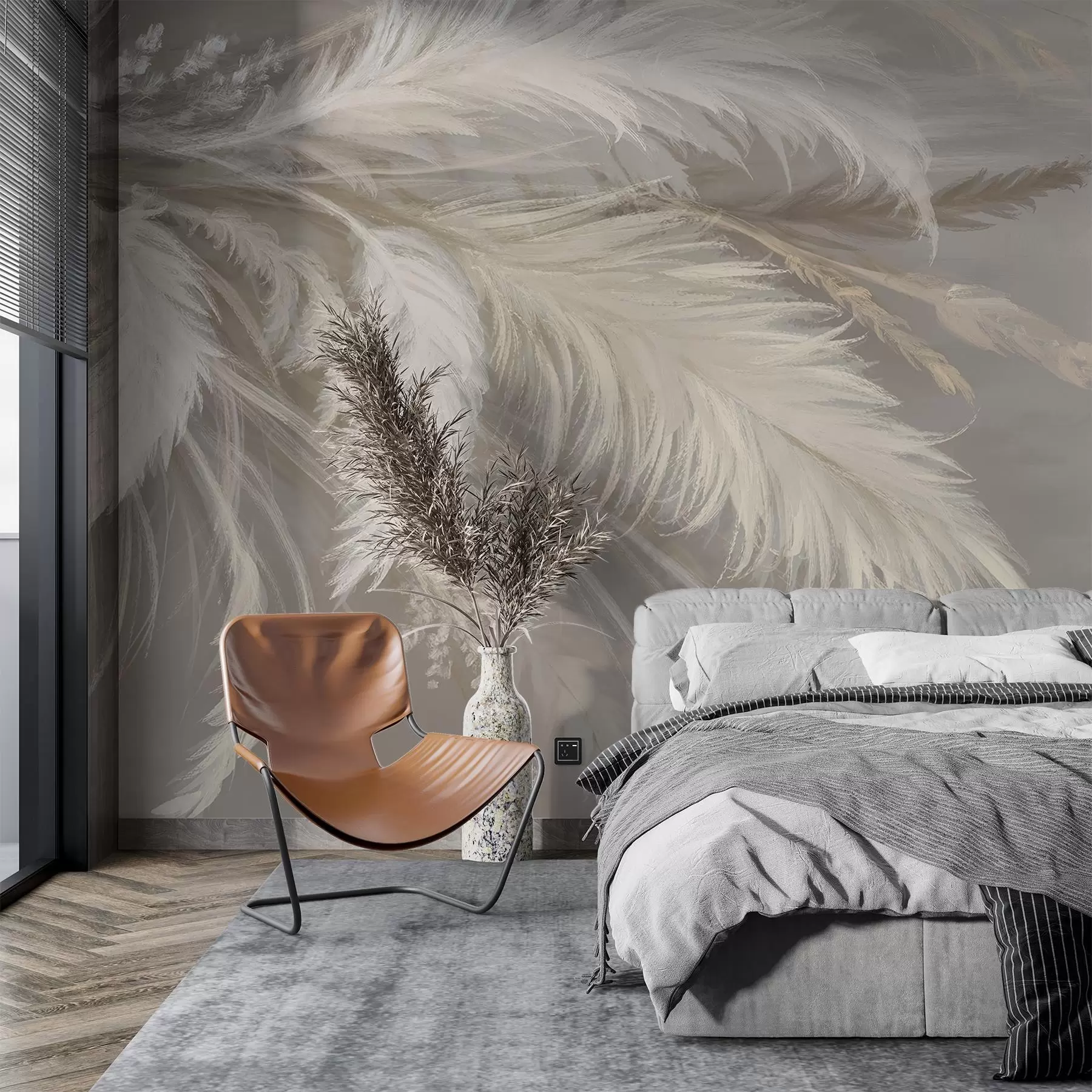 wall murals Soft, fluffy white feathers and dried flowers against a neutral pastel beige background w08403