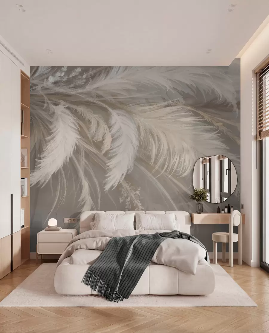 wall murals Soft, fluffy white feathers and dried flowers against a neutral pastel beige background w08403
