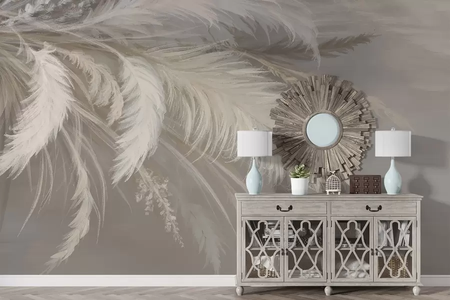wall murals Soft, fluffy white feathers and dried flowers against a neutral pastel beige background w08403