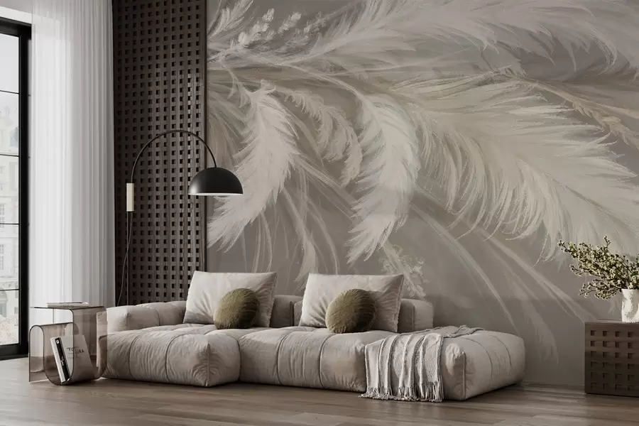 wall murals Soft, fluffy white feathers and dried flowers against a neutral pastel beige background w08403