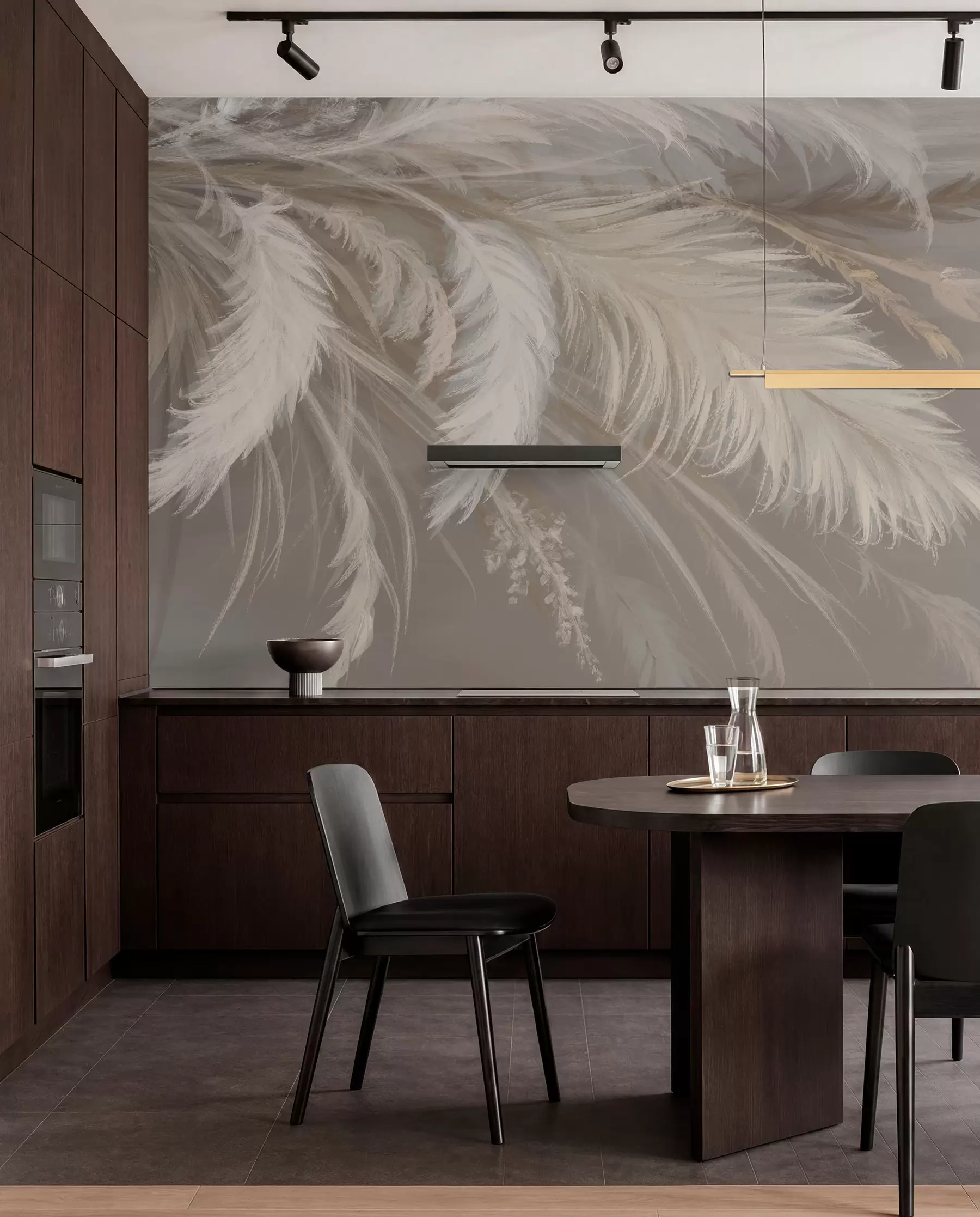 wall murals Soft, fluffy white feathers and dried flowers against a neutral pastel beige background w08403