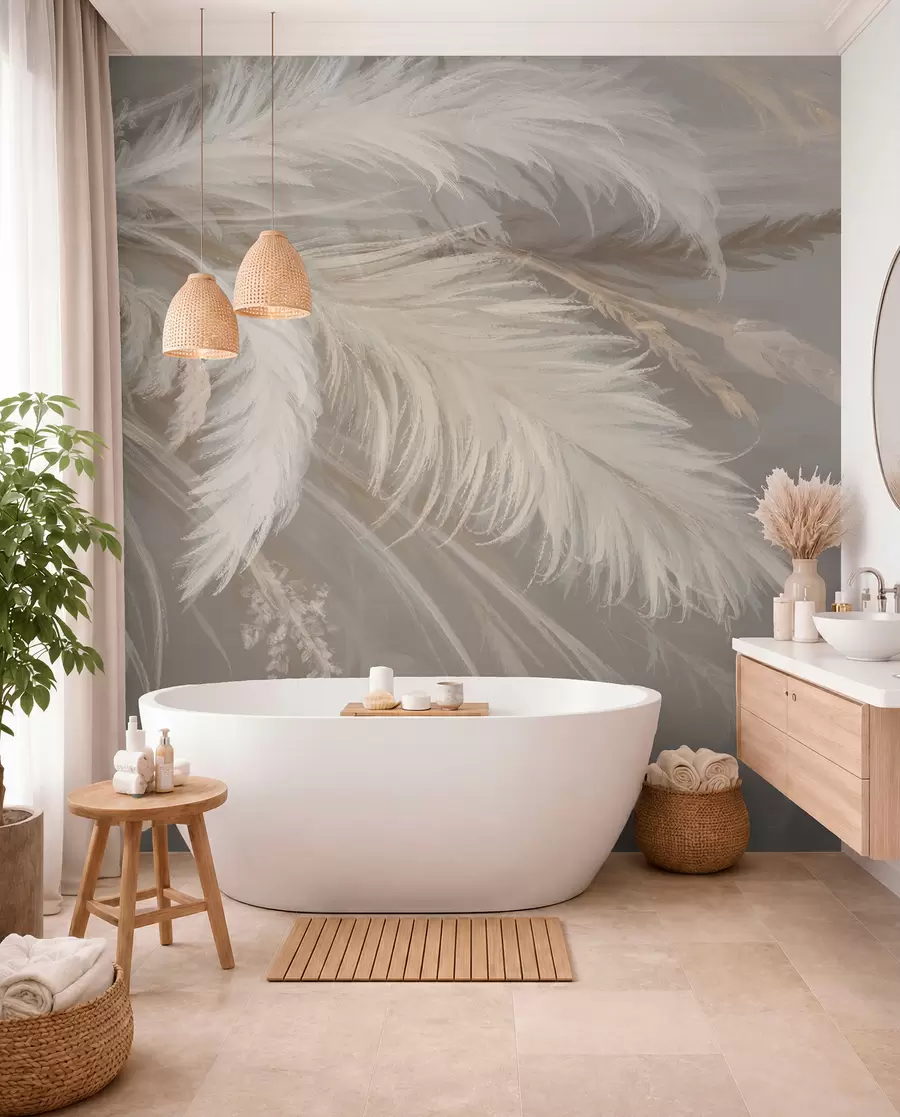 wall murals Soft, fluffy white feathers and dried flowers against a neutral pastel beige background w08403