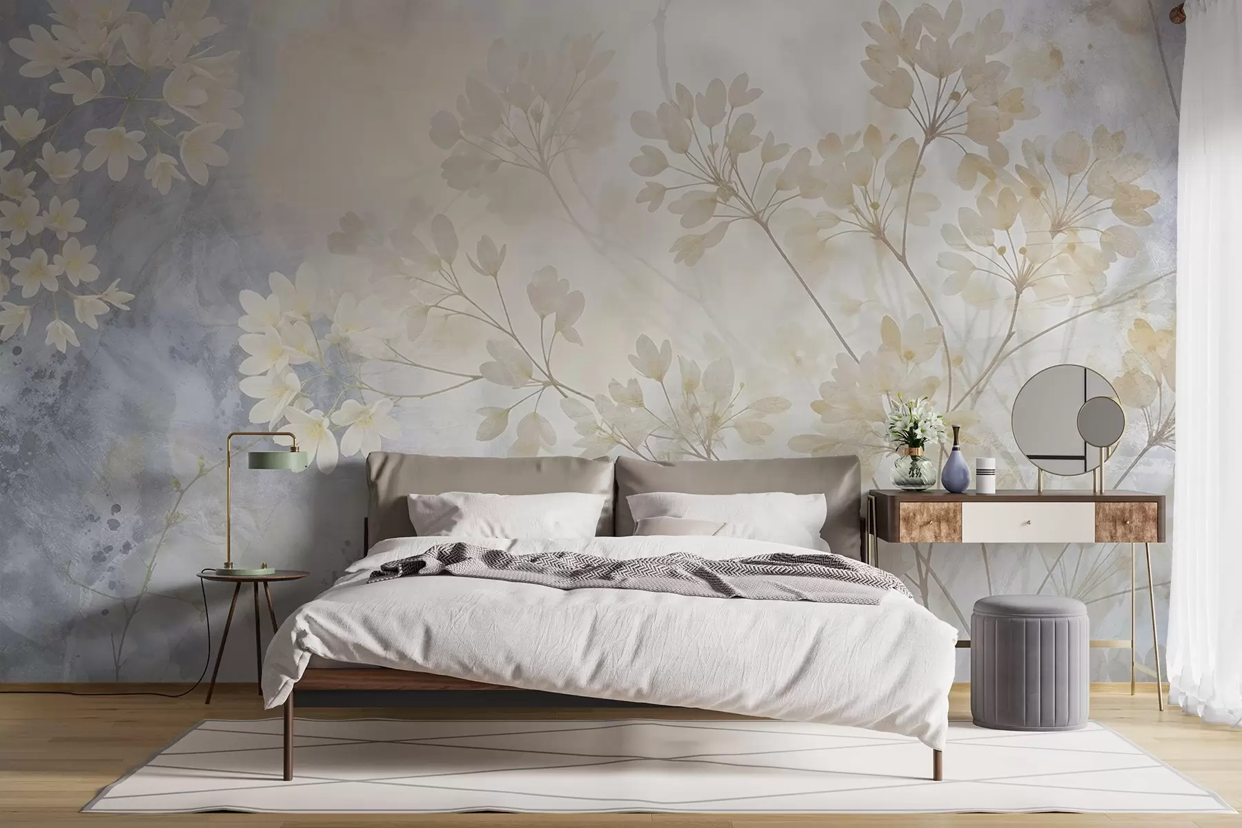 wall murals Delicate abstract pastel print of white flowers on blurred background, soft and ethereal w08408