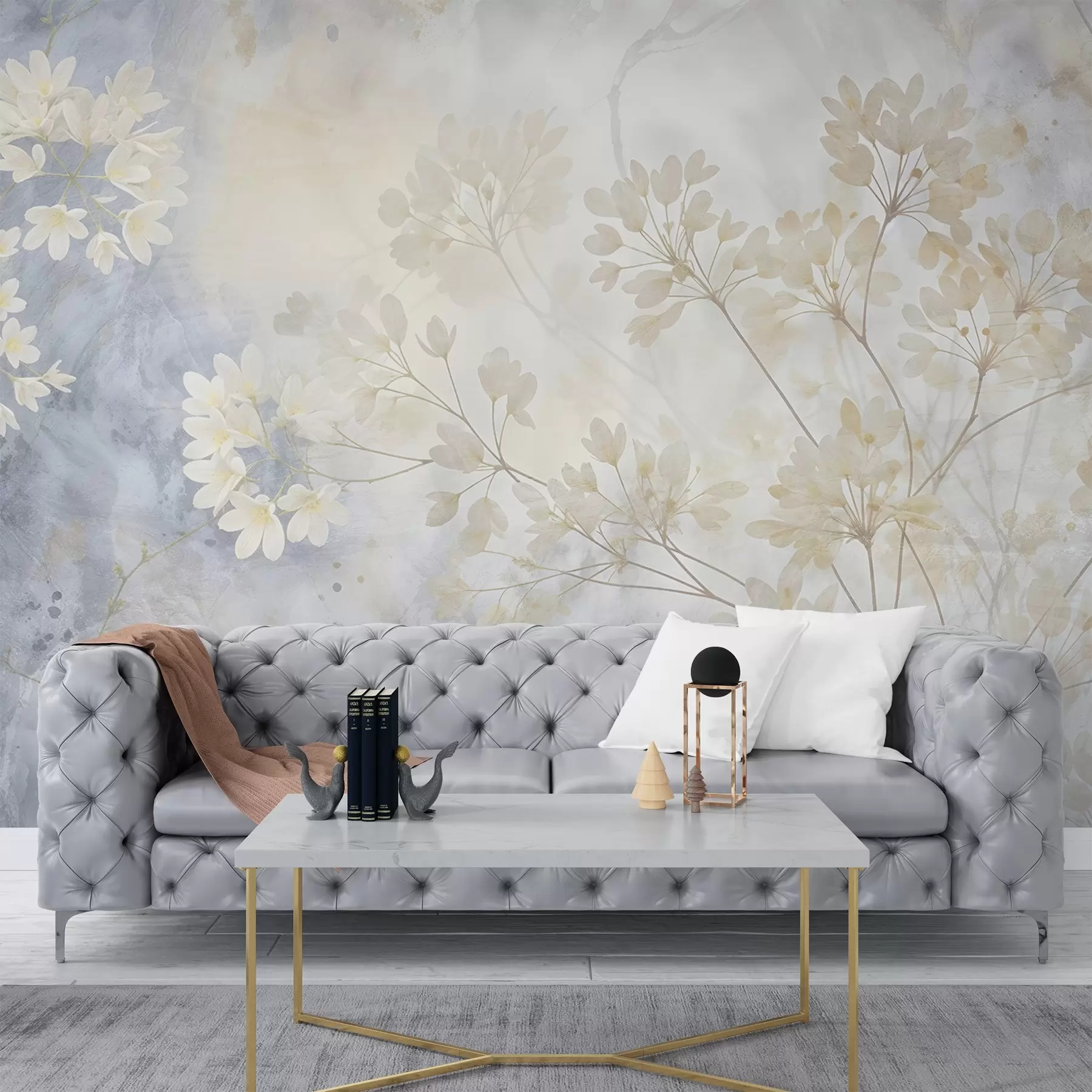 wall murals Delicate abstract pastel print of white flowers on blurred background, soft and ethereal w08408