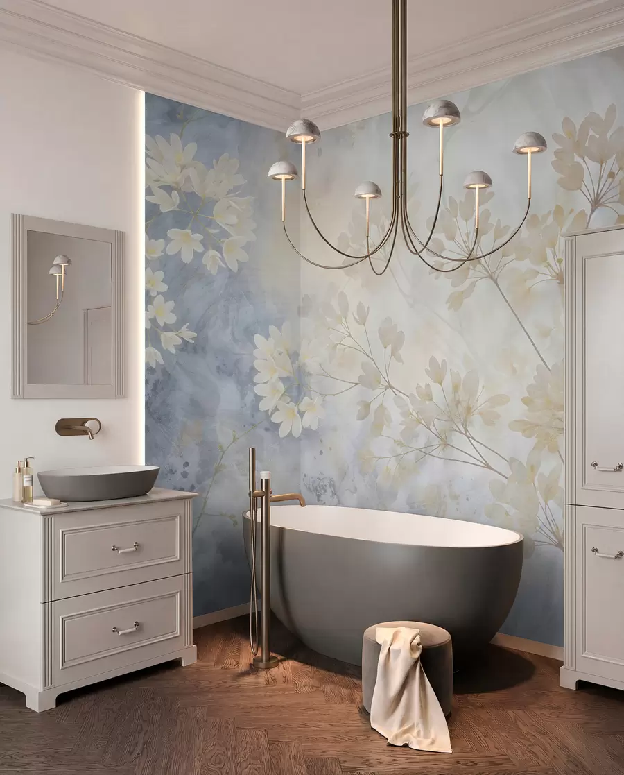 wall murals Delicate abstract pastel print of white flowers on blurred background, soft and ethereal w08408