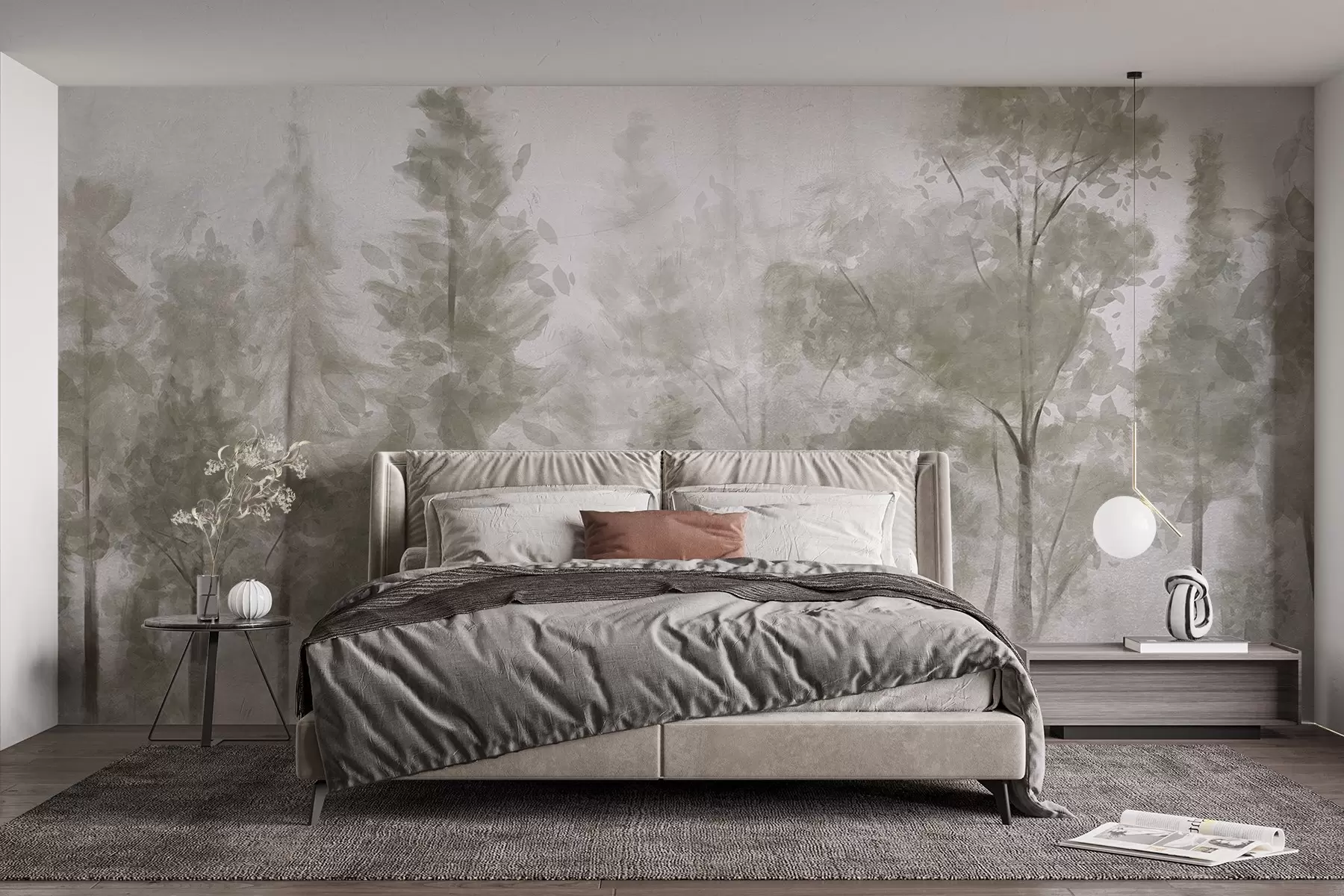 wall murals Tall textured pine trees in a foggy forest, with a misty, hazy atmosphere w08411