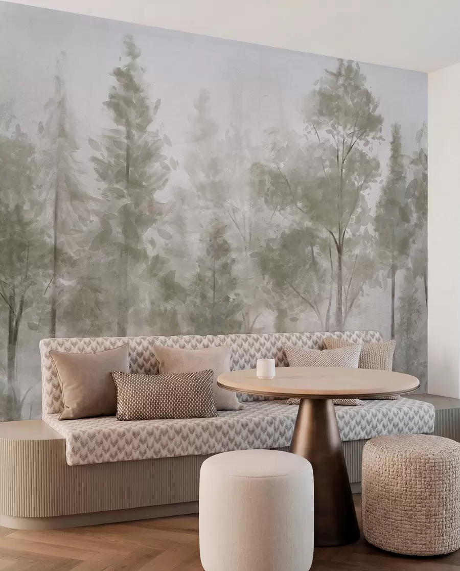 wall murals Tall textured pine trees in a foggy forest, with a misty, hazy atmosphere w08411