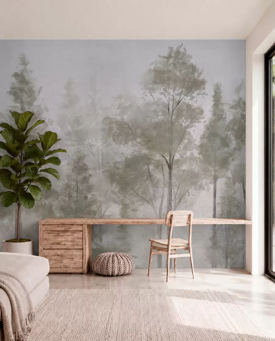 wall murals Tall textured pine trees in a foggy forest, with a misty, hazy atmosphere w08411