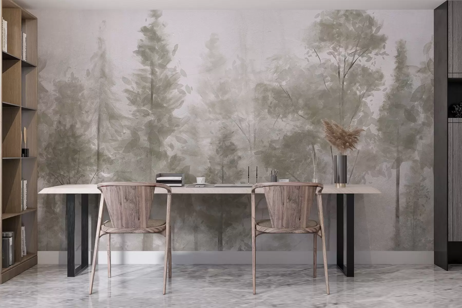 wall murals Tall textured pine trees in a foggy forest, with a misty, hazy atmosphere w08411