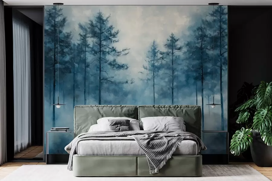 wall murals Mystical forest, pine trees, fog, acrylic paint, deep blue colors w02149