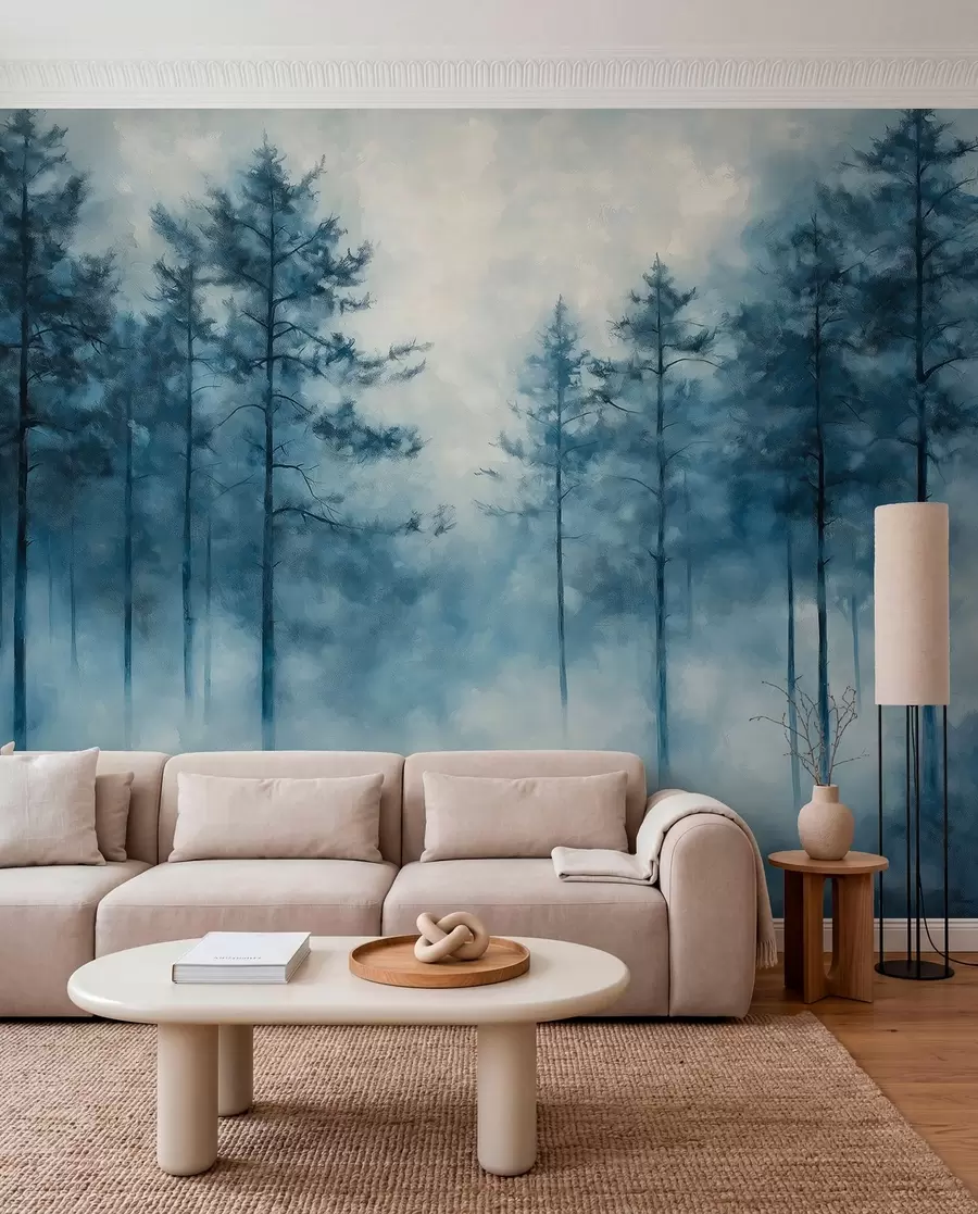 wall murals Mystical forest, pine trees, fog, acrylic paint, deep blue colors w02149