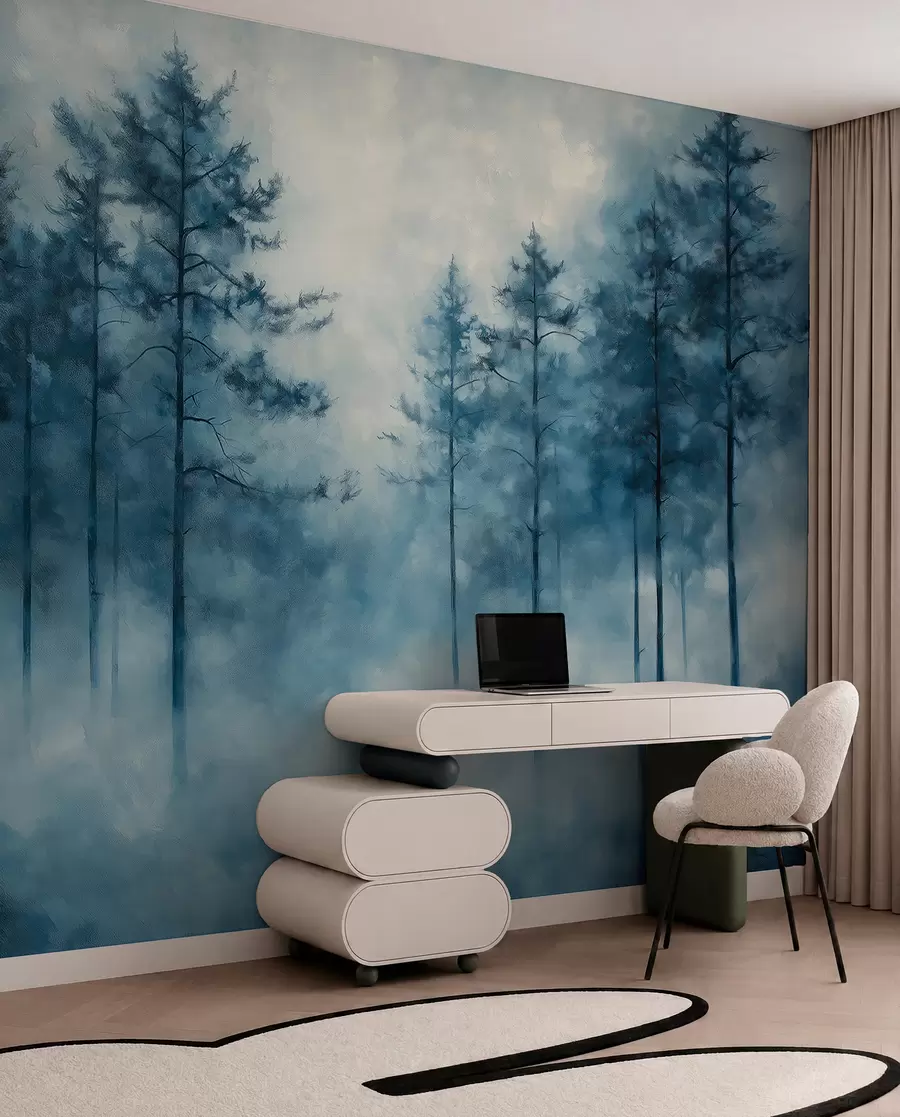 wall murals Mystical forest, pine trees, fog, acrylic paint, deep blue colors w02149