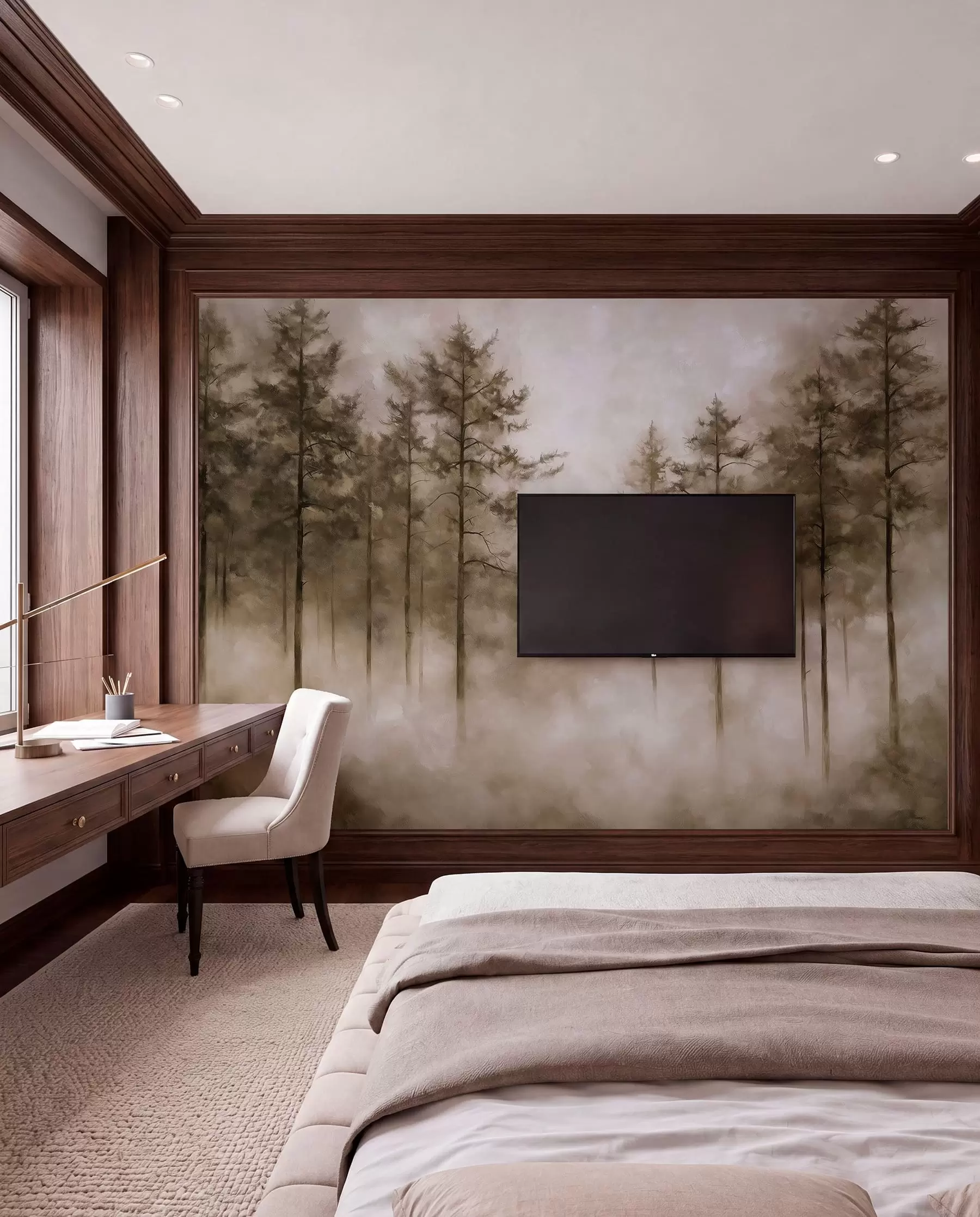 wall murals Mystical forest, pine trees, fog, acrylic paint, beige colors w02149v1