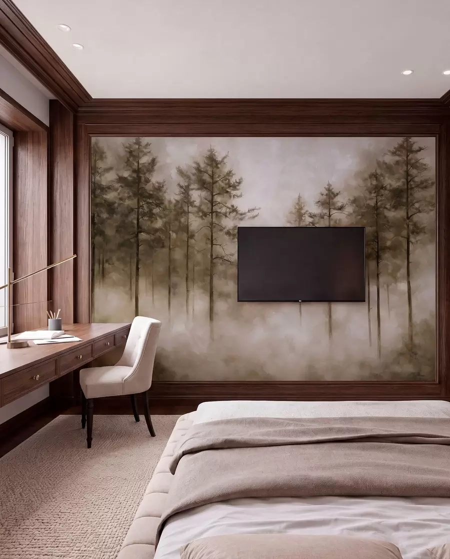 wall murals Mystical forest, pine trees, fog, acrylic paint, beige colors w02149v1