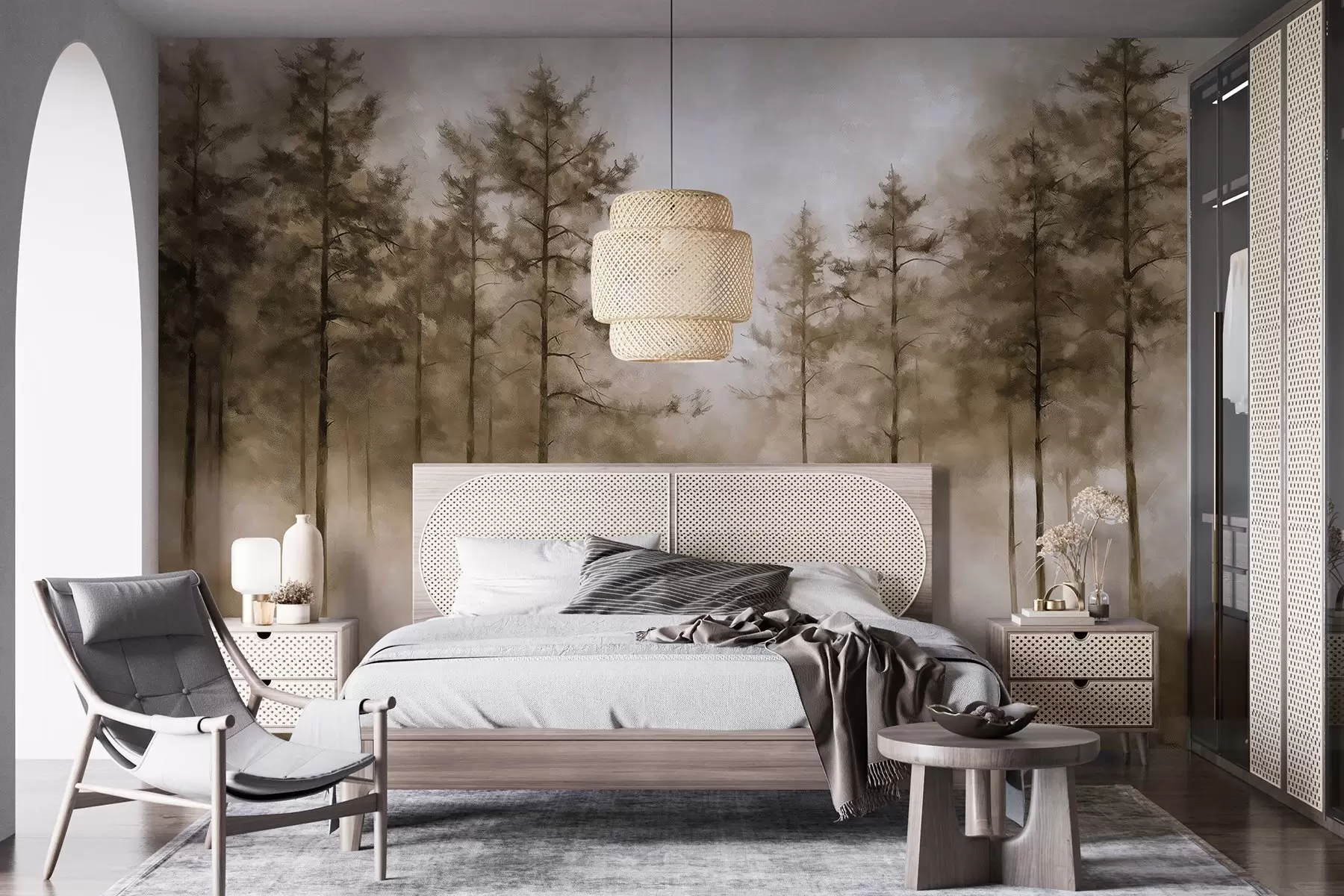 wall murals Mystical forest, pine trees, fog, acrylic paint, beige colors w02149v1