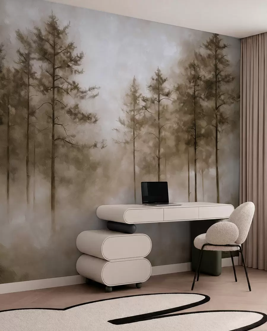 wall murals Mystical forest, pine trees, fog, acrylic paint, beige colors w02149v1
