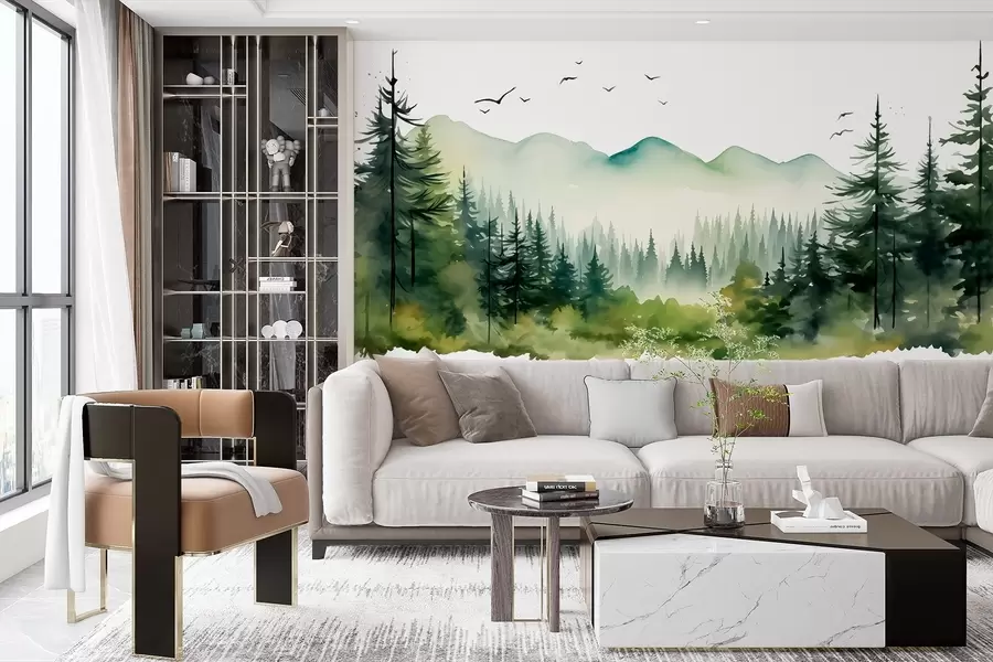 wall murals Watercolor forest and mountain landscapes, green color palette w02150