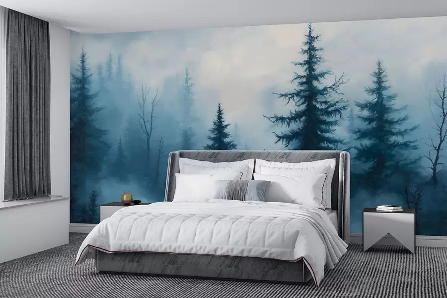 wall murals Dark blue forest, oil painting, brush strokes, nature w02153