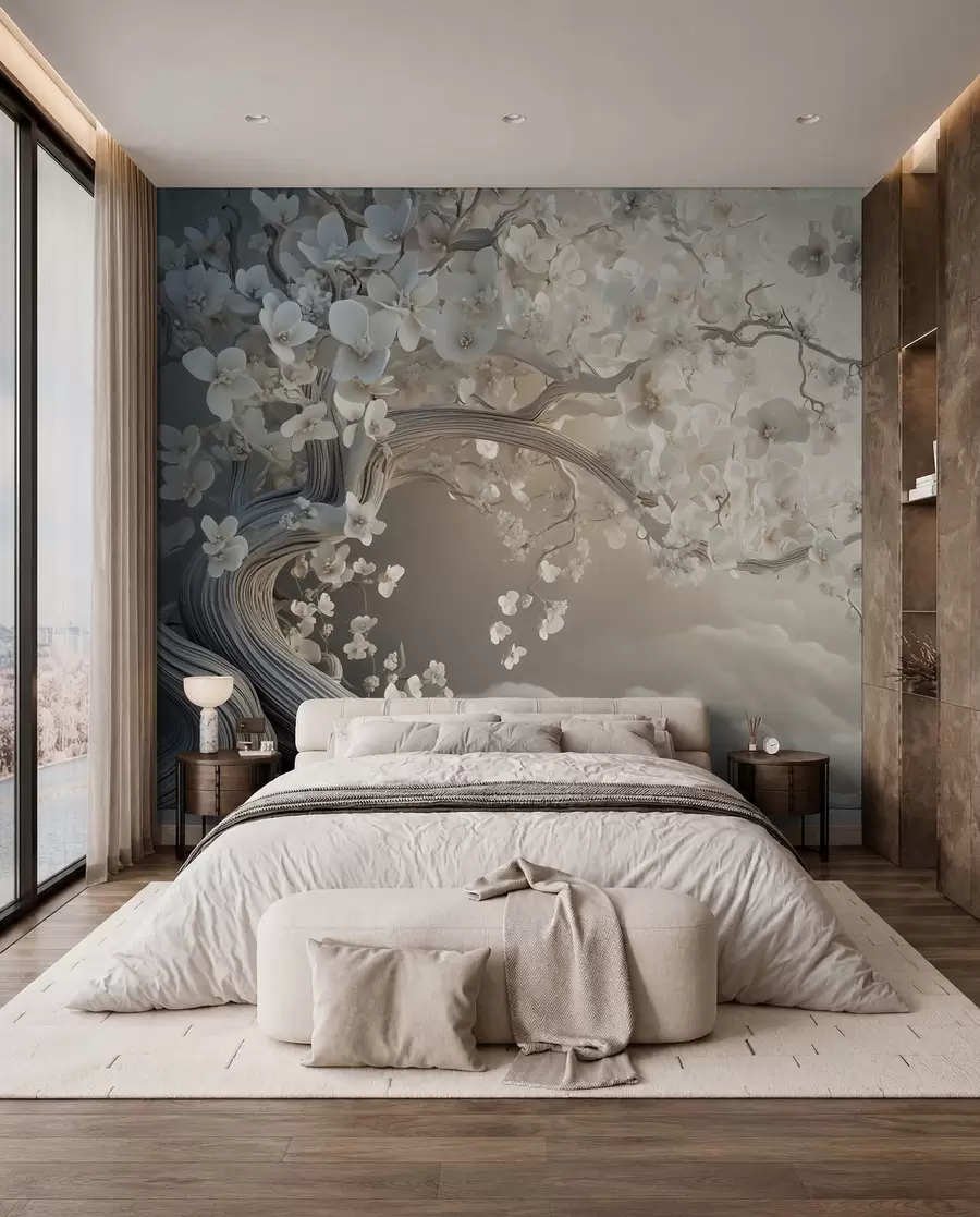 wall murals A charming tree with white flowers against the background of clouds in an interesting style in delicate warm colors w02133