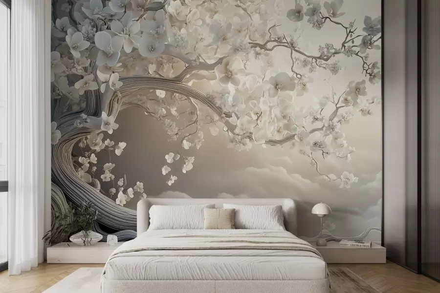 wall murals A charming tree with white flowers against the background of clouds in an interesting style in delicate warm colors w02133