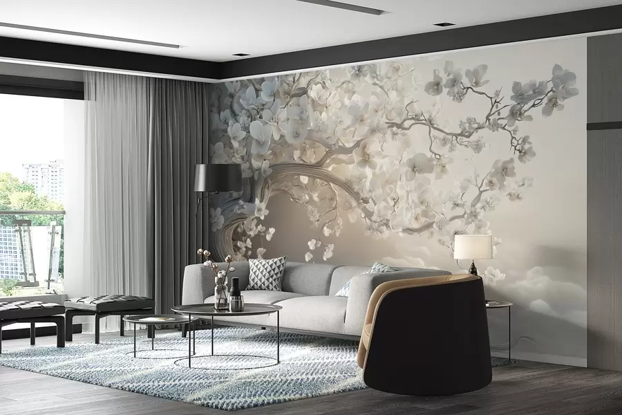 wall murals A charming tree with white flowers against the background of clouds in an interesting style in delicate warm colors w02133